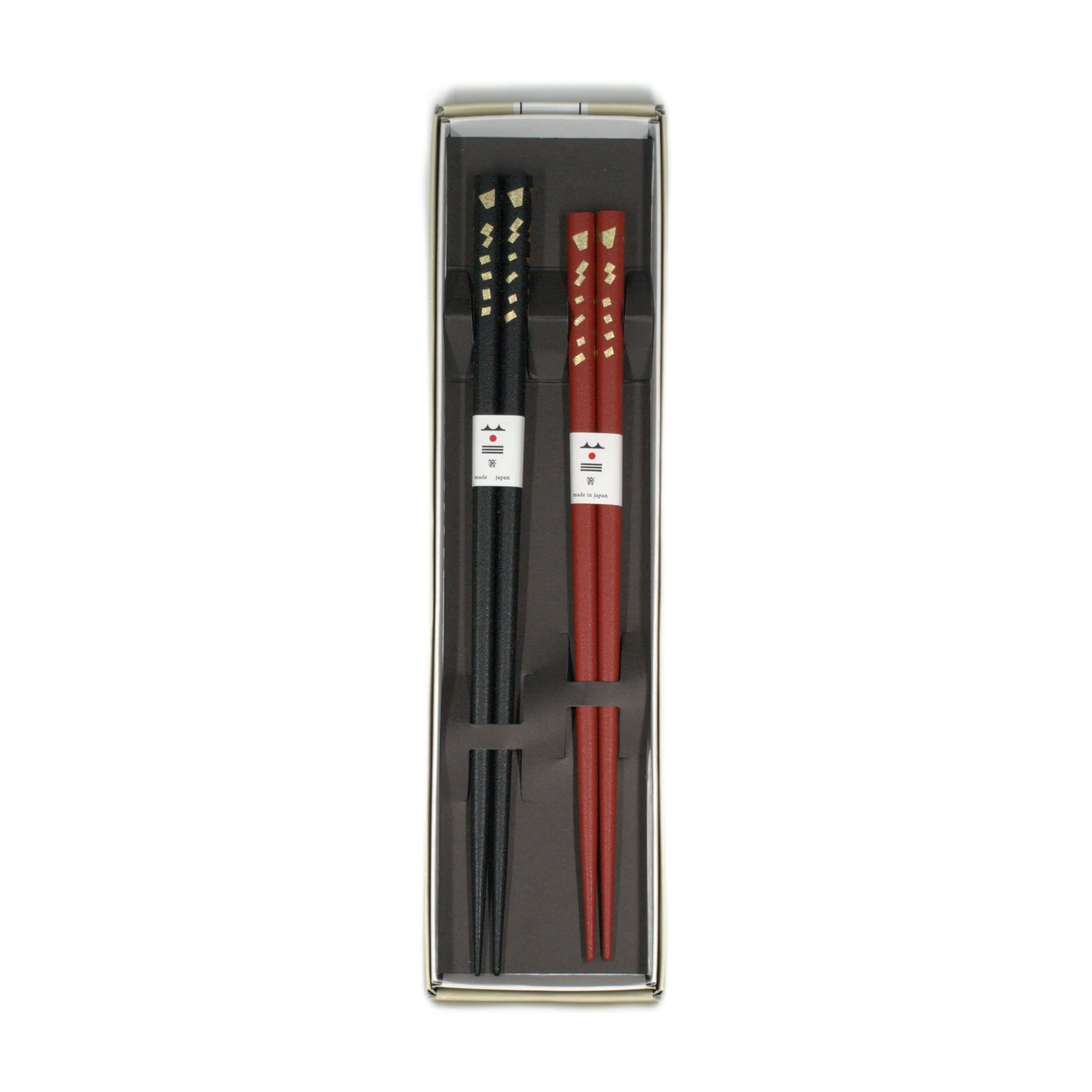 Set de 2 pares de palillos japoneses negros y rojos con motivos dorados en estuche